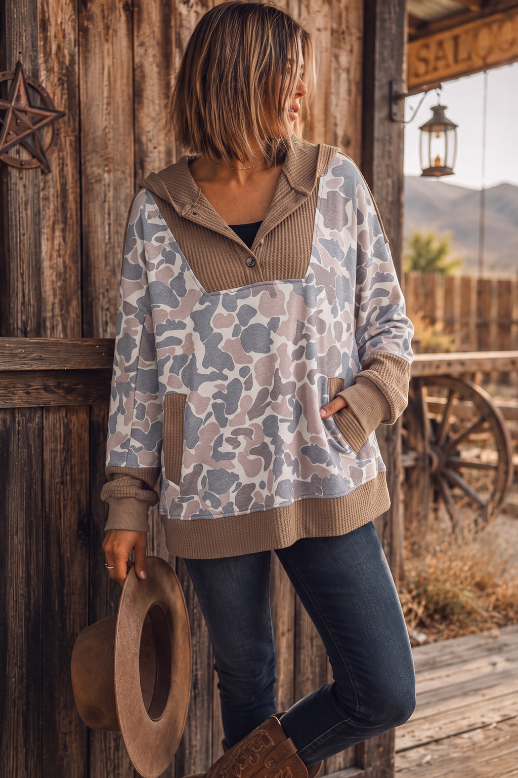 Amelia Lane Khaki Camo Waffle-Knit Hoodie