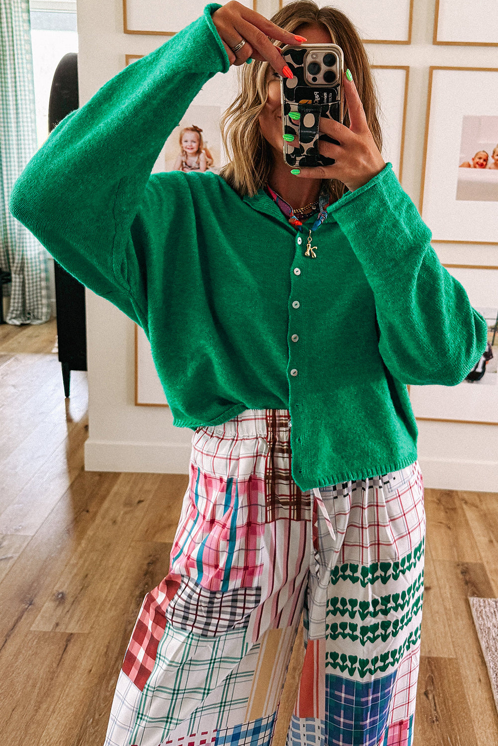 Hazel Blues® |  Bright Green Solid Color Knit Button Drop Shoulder Sweater Cardigan