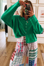 Hazel Blues® |  Bright Green Solid Color Knit Button Drop Shoulder Sweater Cardigan