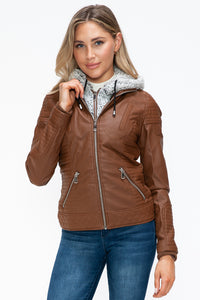 Hazel Blues® |  YMI Faux Layered Double-Zipper Jacket with Fuzzy Hood