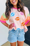 Hazel Blues® |  Pink Football Chenille Embroidered Color Block Half Sleeve T Shirt