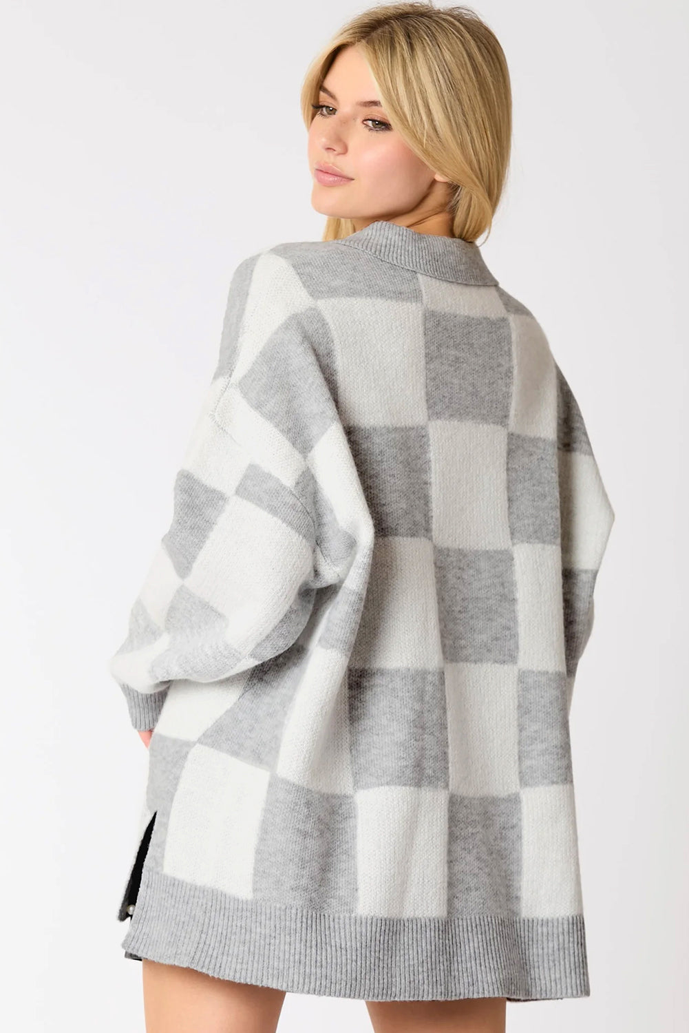 Checkered Pattern Button Polo Collar Split Sweater | Checkered Polo Collar Button Sweater