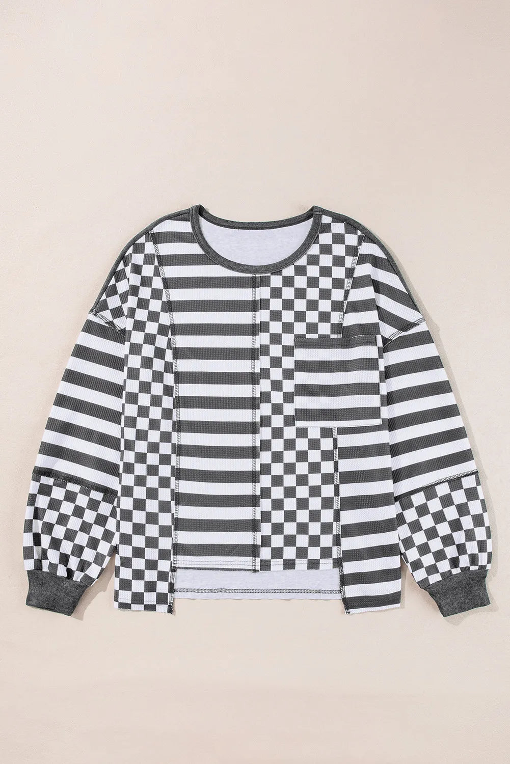 Hazel Blues® |  Checker & Stripes Round Neck Long Sleeve Blouse