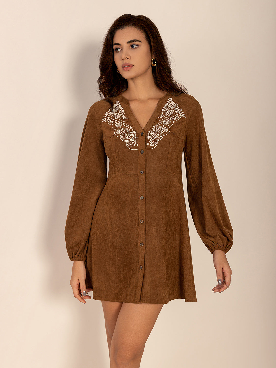 Hazel Blues® |  Notched Button Down Long Sleeve Mini Dress