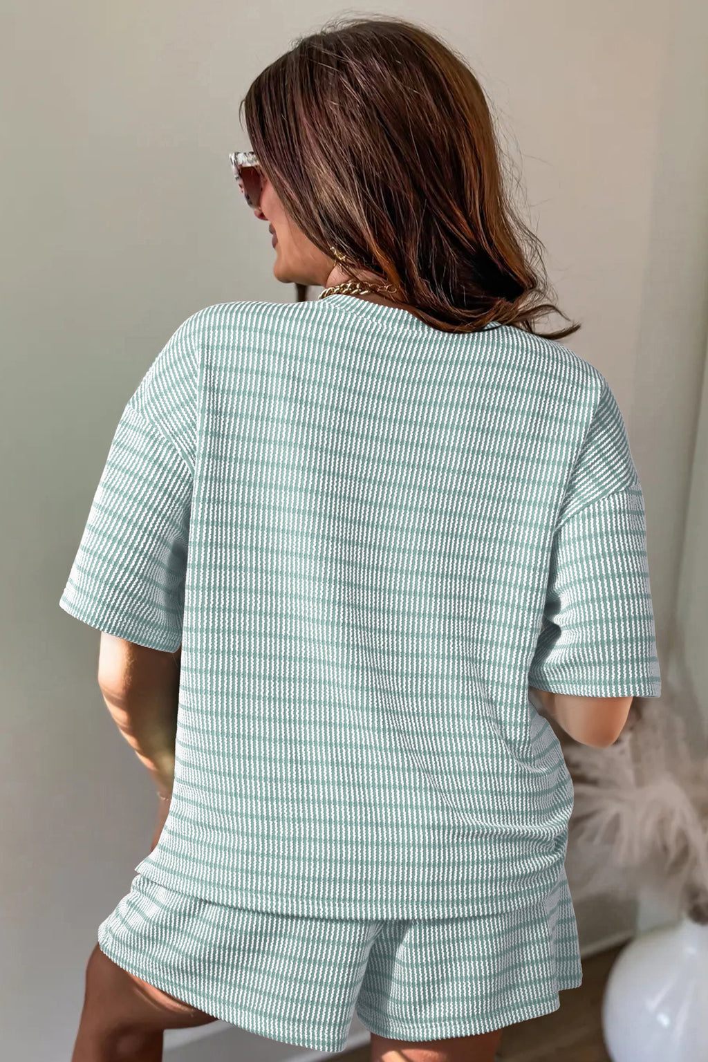 Green Stripe Raised Rib Relaxed Tee Drawstring Elastic-Waist Two-Piece Short Set