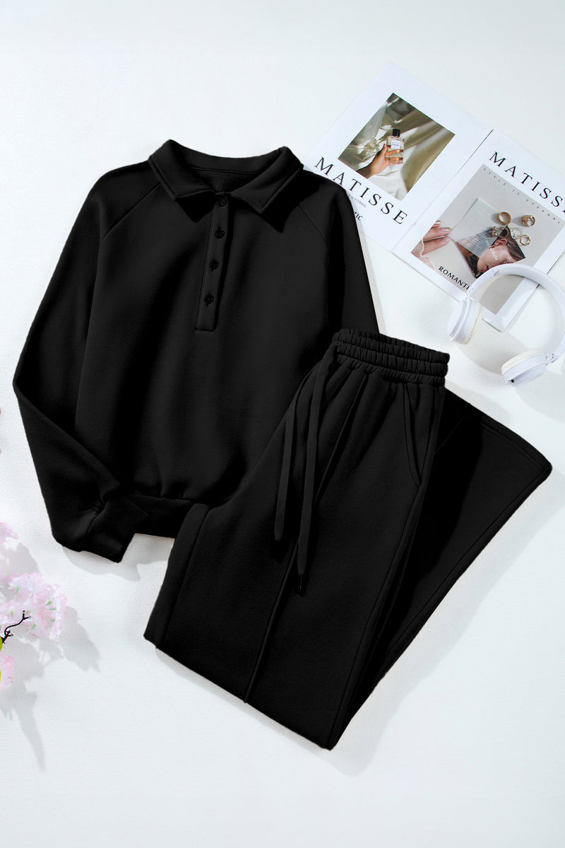 Hazel Blues® |  Black Solid Collared Sweatshirt and High Waist Pants Active Set