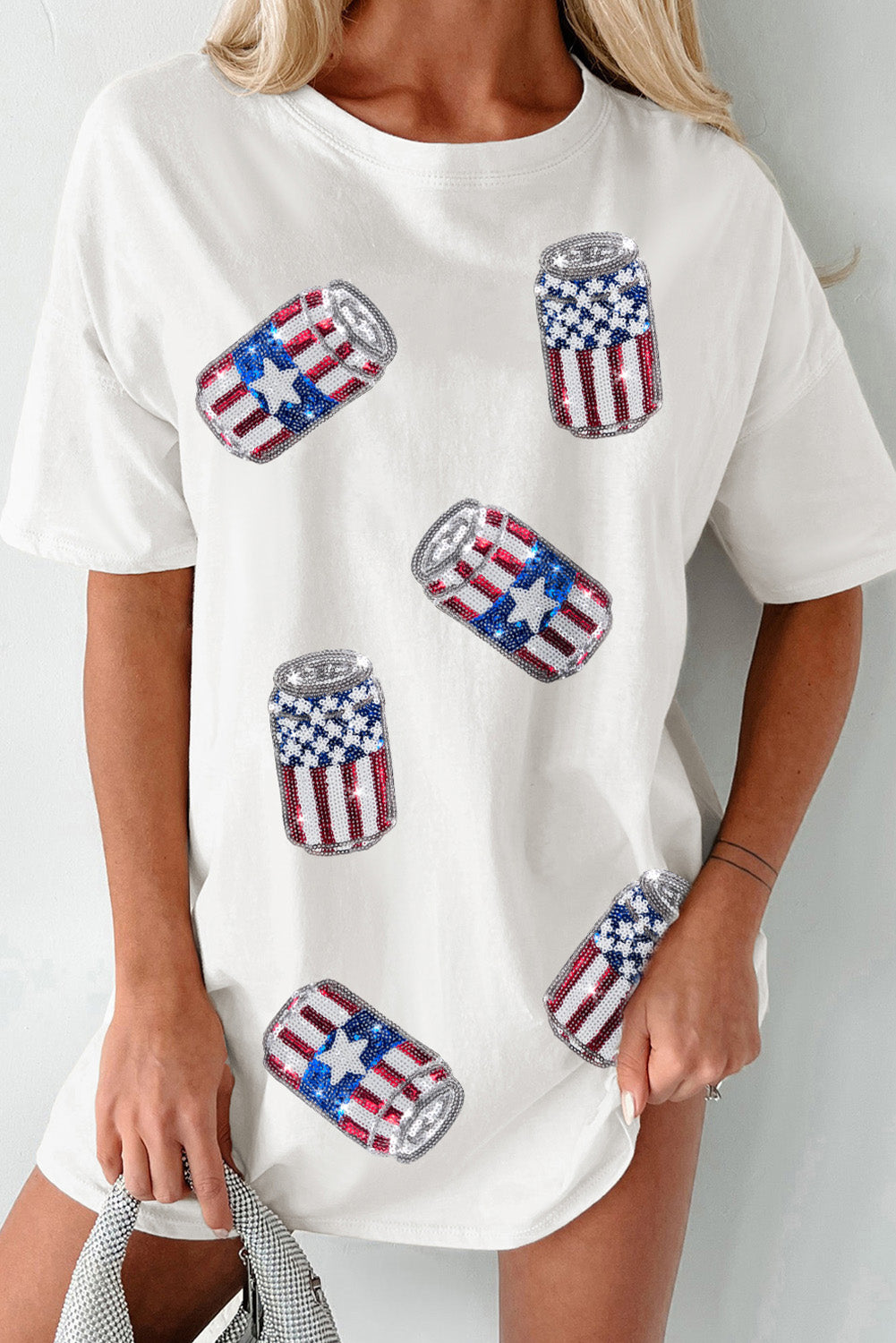 Hazel Blues® |  White Sequin American Flag Can Oversized Graphic Tee