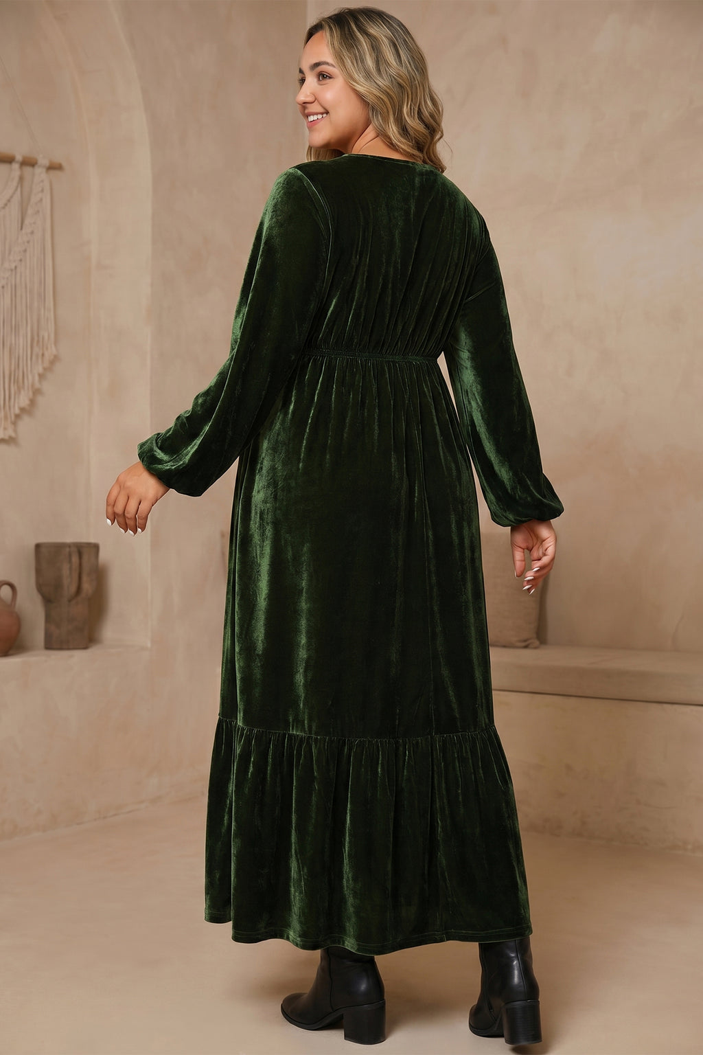 Dark Green Velvet V-Neck Maxi Dress