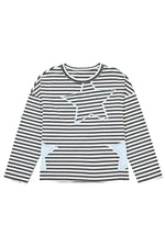 Hazel Blues® |  Gray Stripe Starry Patch Drop Shoulder Raw Edge Casual Knit Top