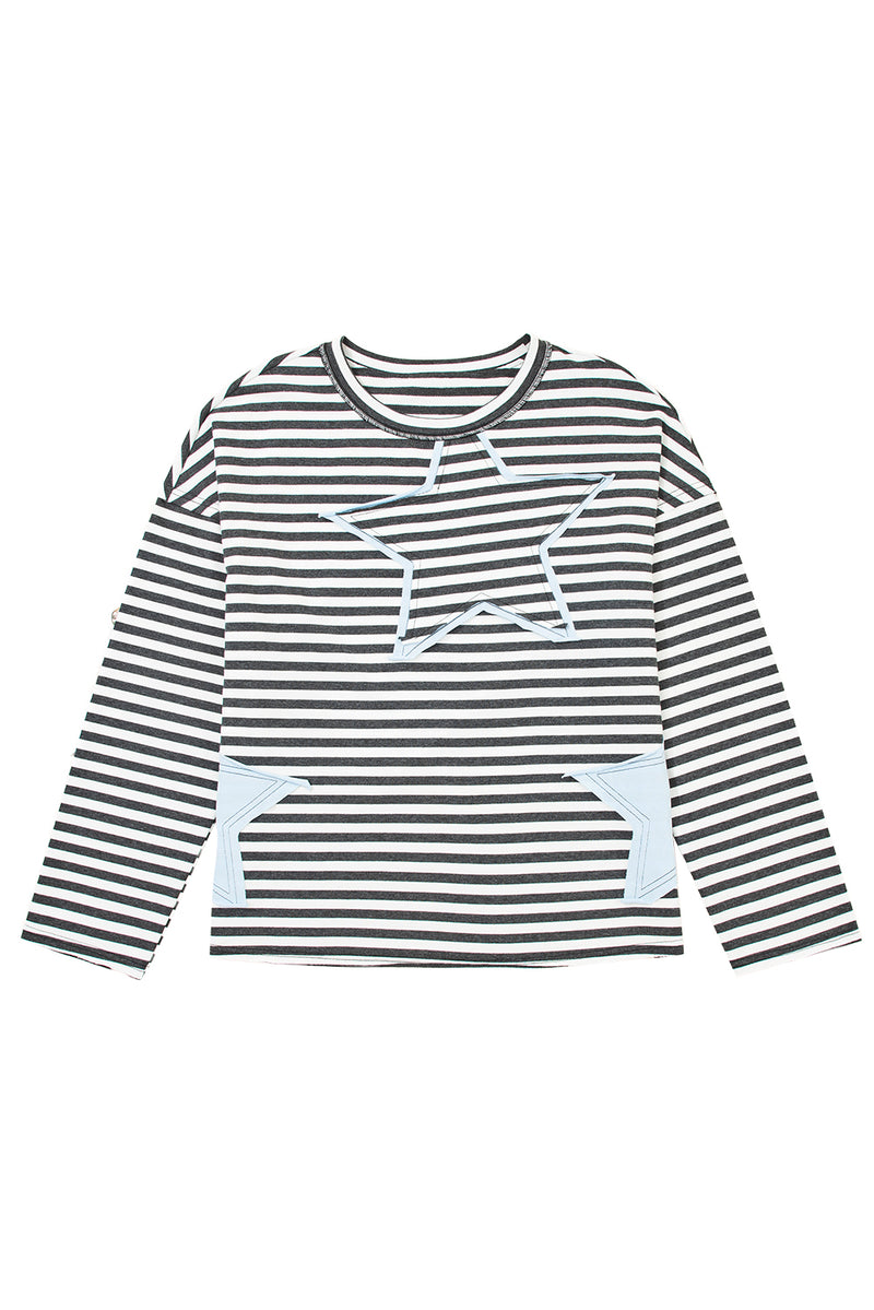 Hazel Blues® |  Gray Stripe Starry Patch Drop Shoulder Raw Edge Casual Knit Top
