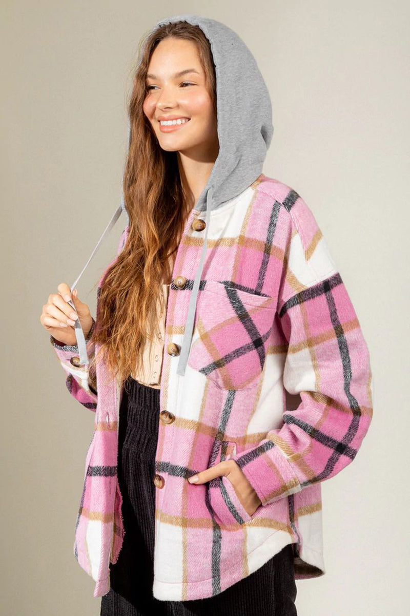 Hazel Blues® |  Drawstring Plaid Dropped Shoulder Hooded Shacket