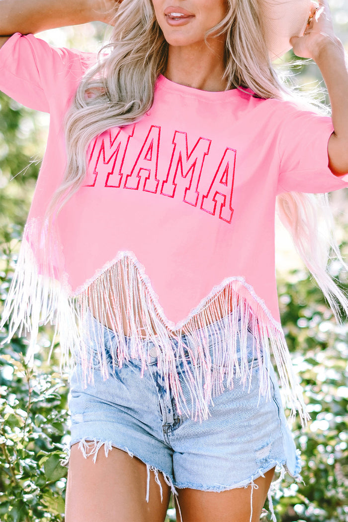 Hazel Blues® |  MAMA Sequin Fringe Round Neck T-Shirt