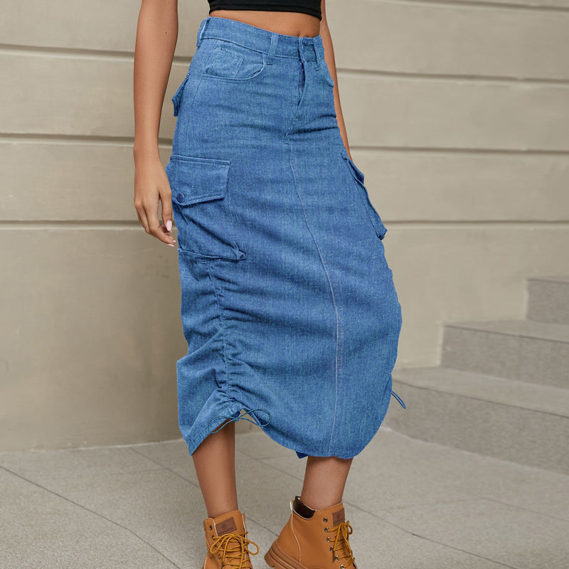 Hazel Blues® |  Drawstring Ruched Slit Denim Midi Skirt