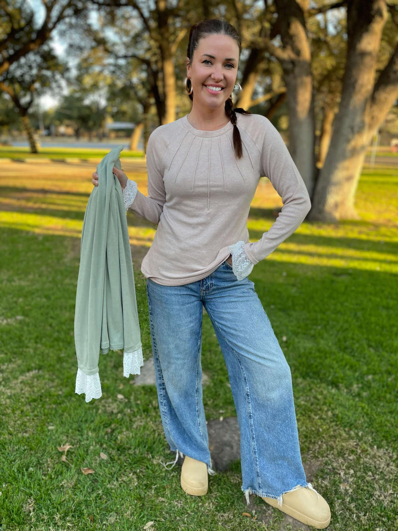 Hazel Blues® |  PREORDER: Beauty In The Details Lace Cuff Top in Two Colors