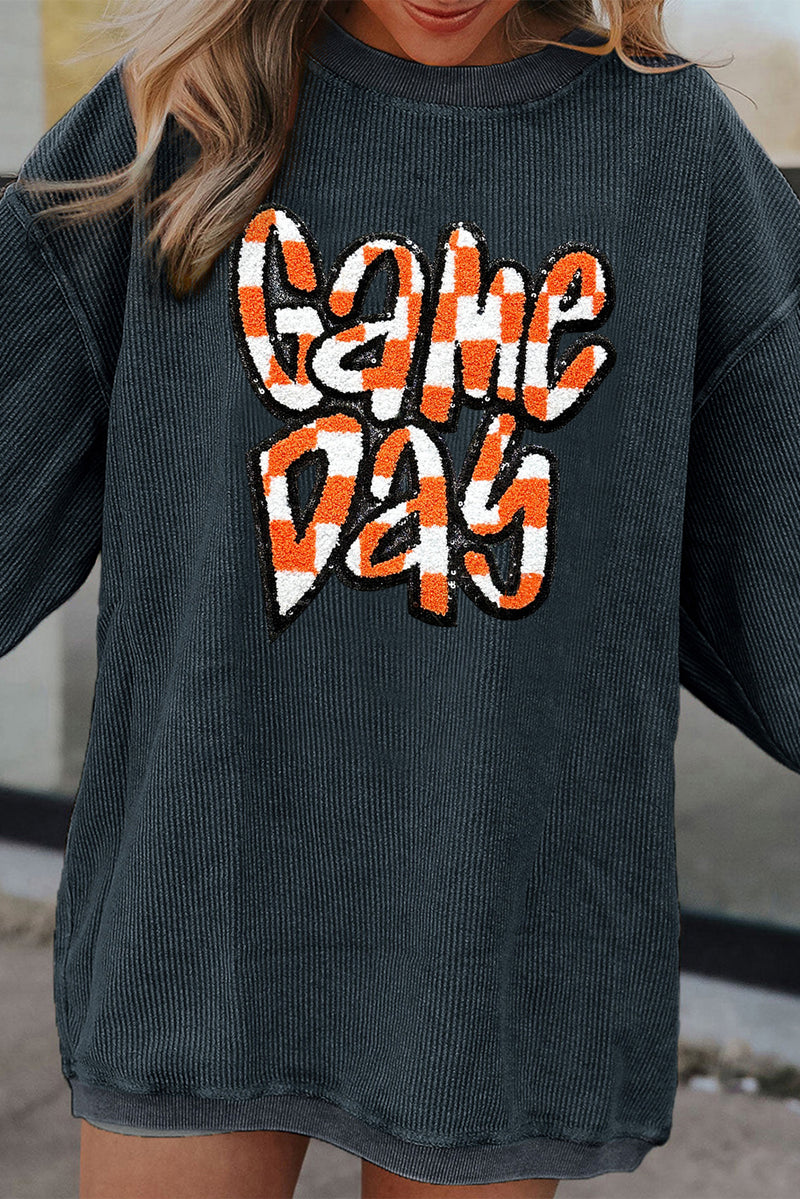 Hazel Blues® |  Dark Blue Chenille Checkered Game Day Graphic Drop Shoulder Corded Sweatshirt