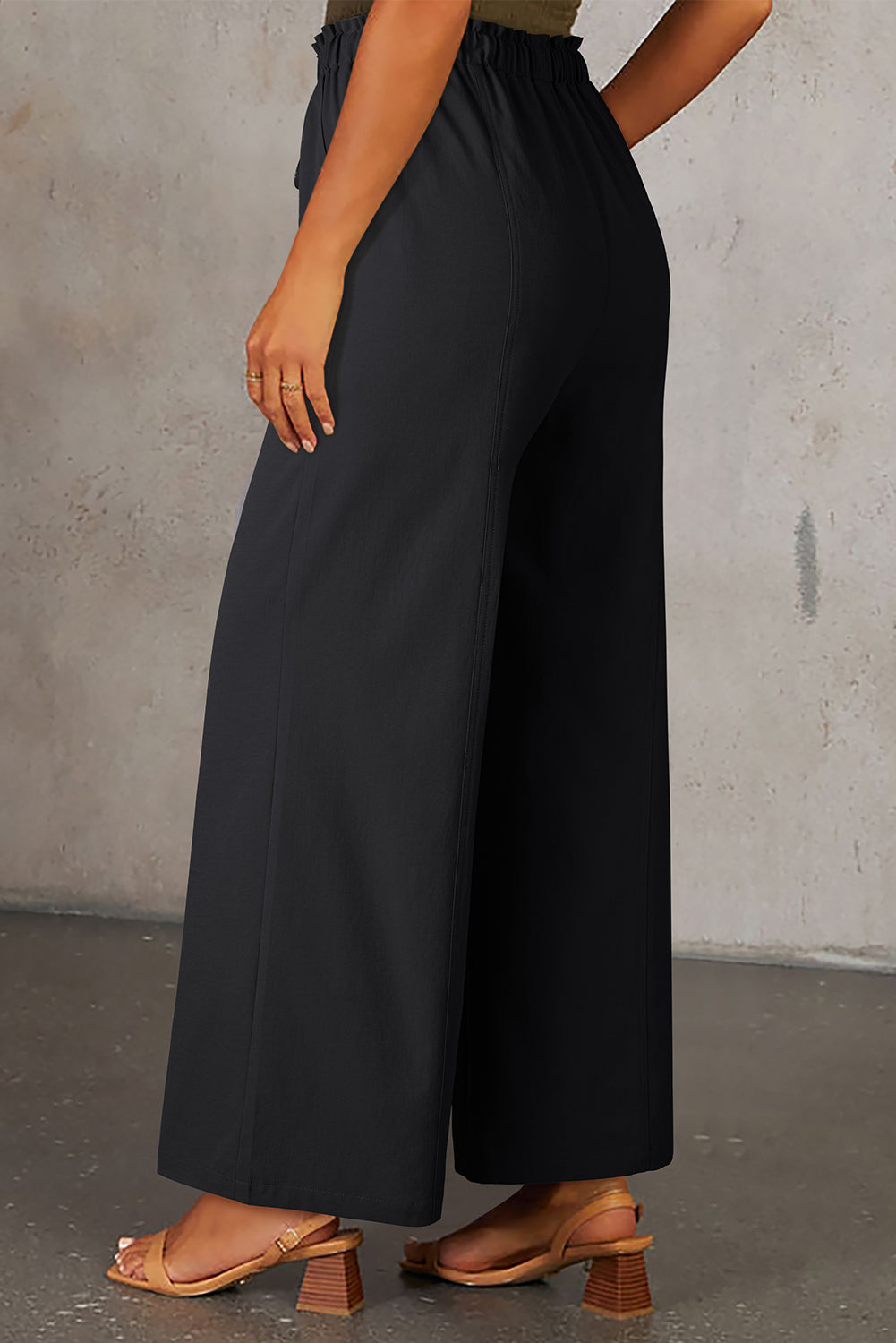 Black Solid Color Drawstring Elastic-Waist Casual Relaxed Pants