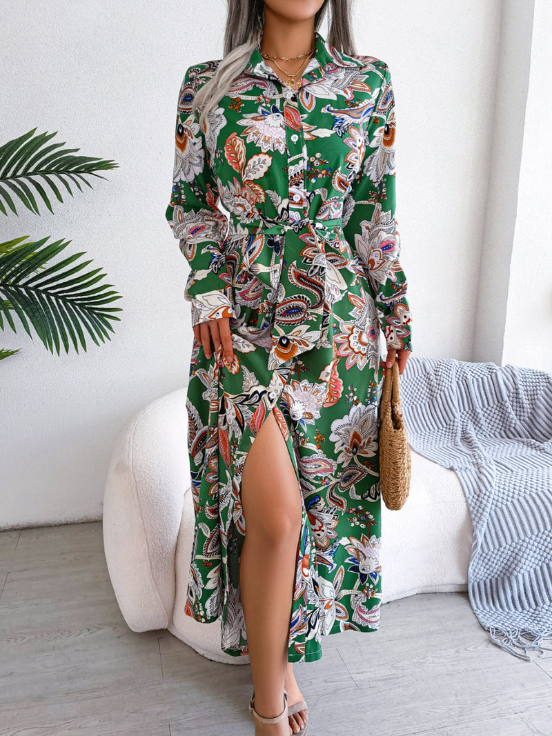 Hazel Blues® |  Tied Printed Long Sleeve Midi Dress