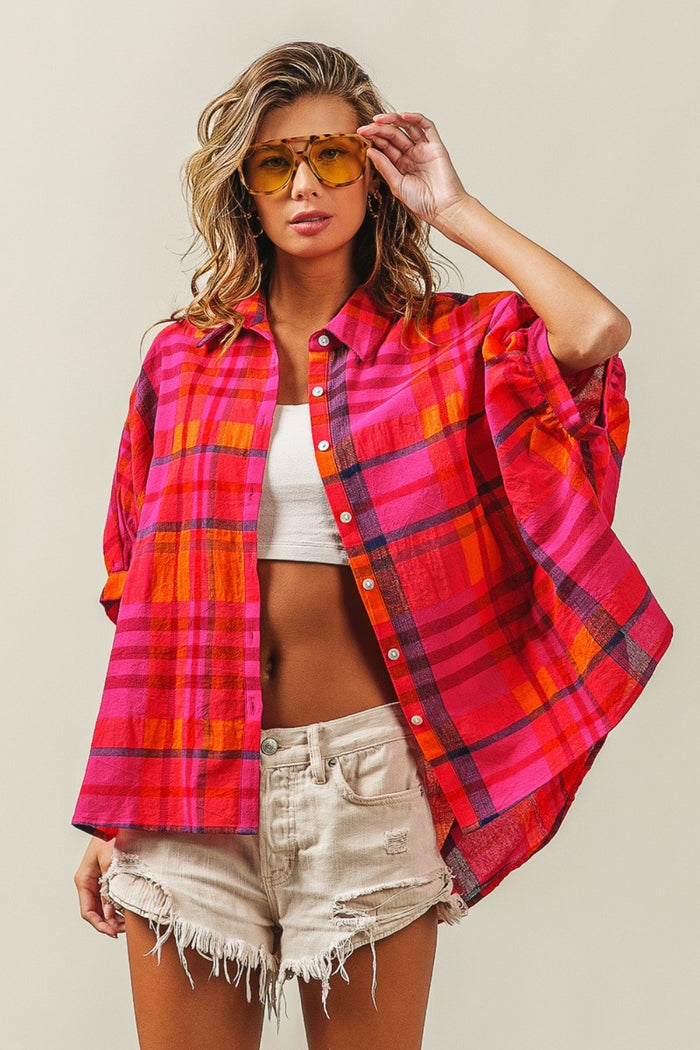 Hazel Blues® |  BiBi Button Up Dolman Sleeve Plaid Shirt