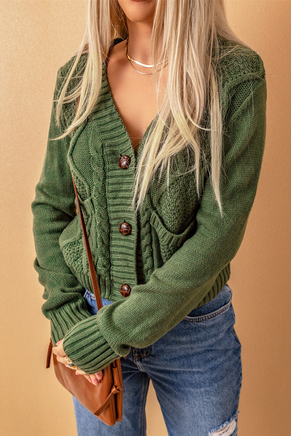 Hazel Blues® |  Cable-Knit Button Down V-Neck Cardigan