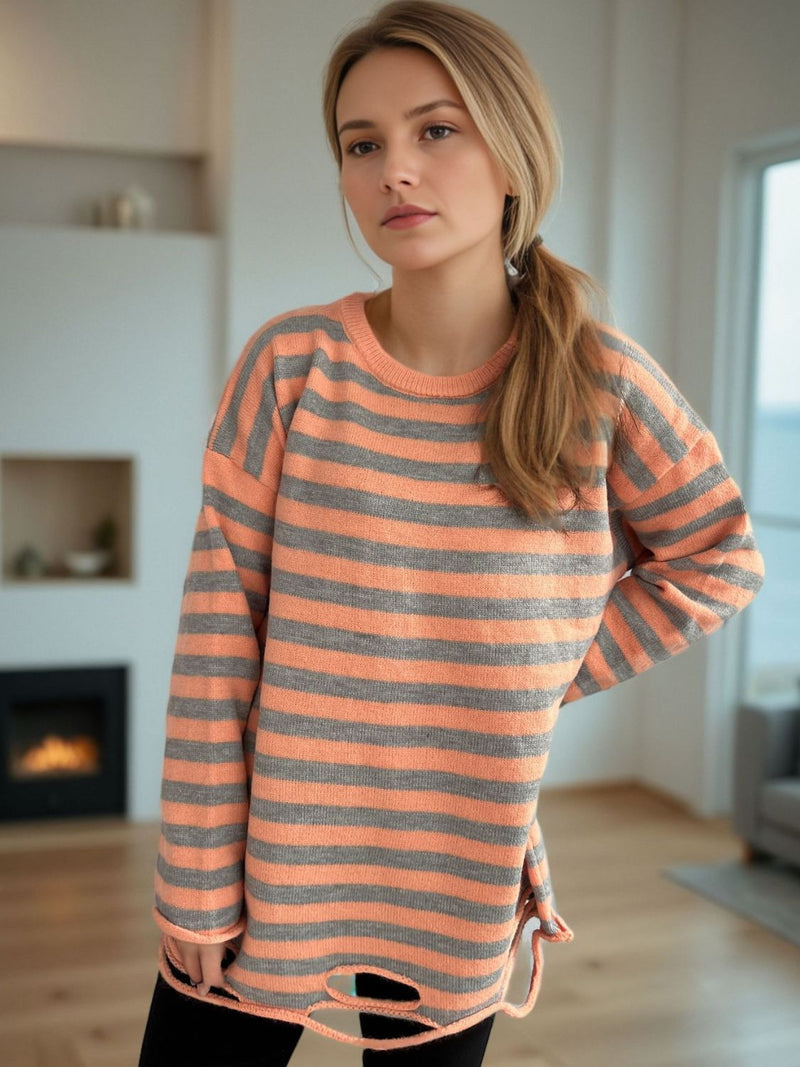 Hazel Blues® |  Distressed Striped Round Neck Long Sleeve Sweater