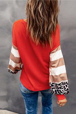 Hazel Blues® |  Red Hello Pumpkin Graphic Leopard Striped Colorblock Sleeve V Neck Top