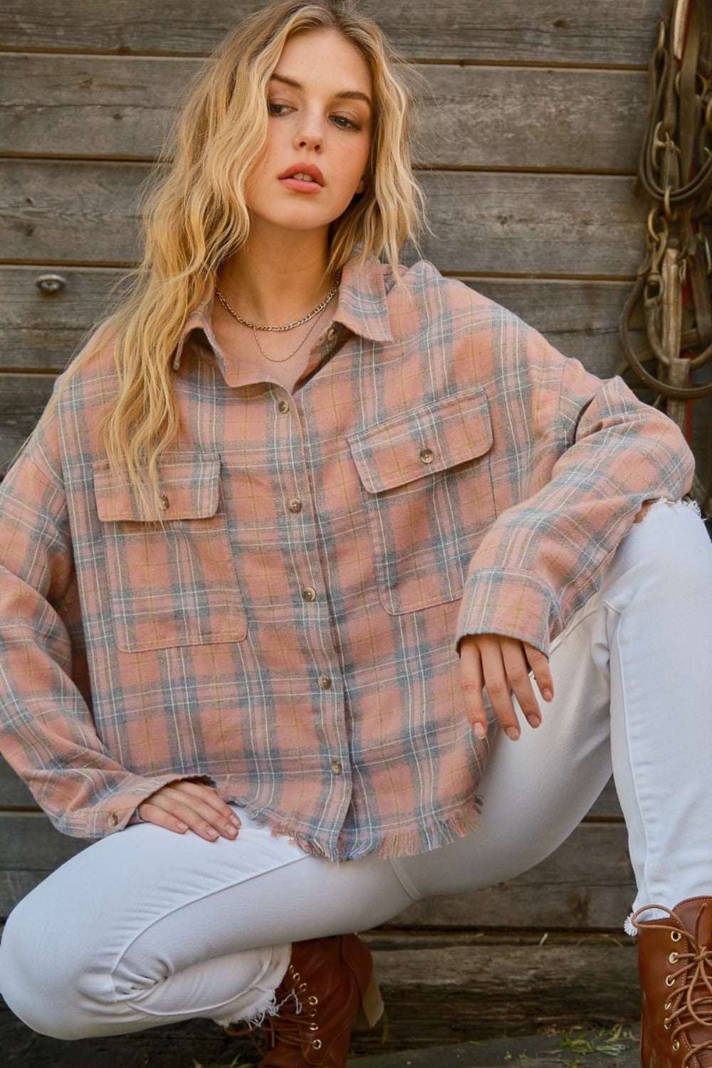 Hazel Blues® |  And The Why Plaid Button Up Raw Hem Shirt