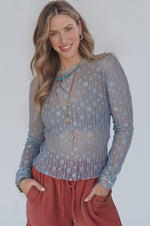 Hazel Blues® |  Ashleigh Blue Sheer Floral Lace Long Sleeve Slim Fit Top