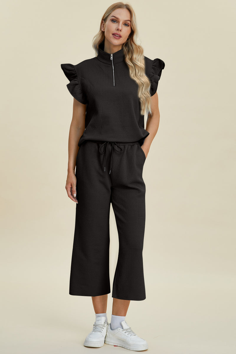 Hazel Blues® |  Double Take Texture Ruffle Short Sleeve Top and Wide Leg Pants Set