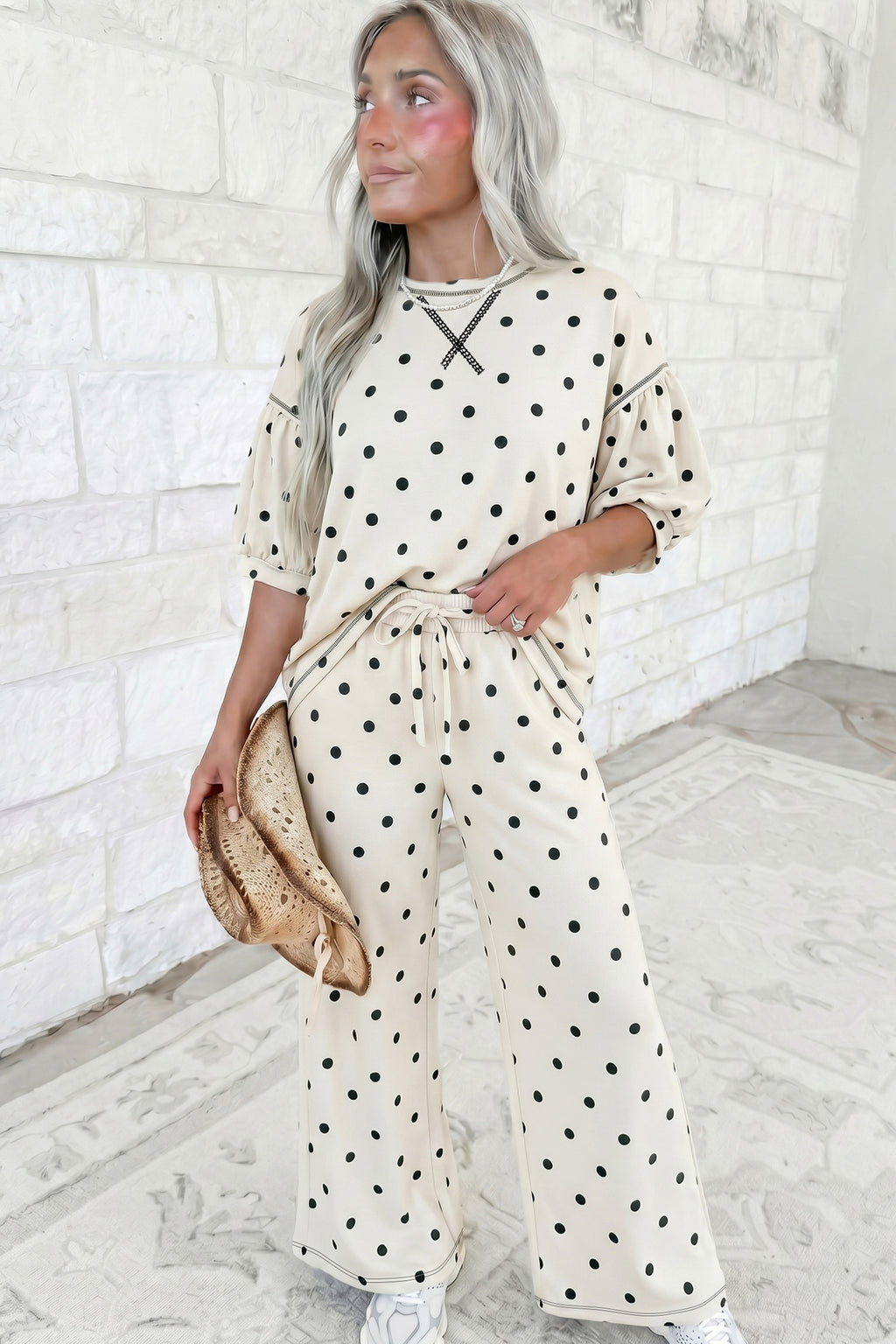 Beige Polka-Dot Half Sleeve Relaxed Top Elastic-Waist Casual Pants Set