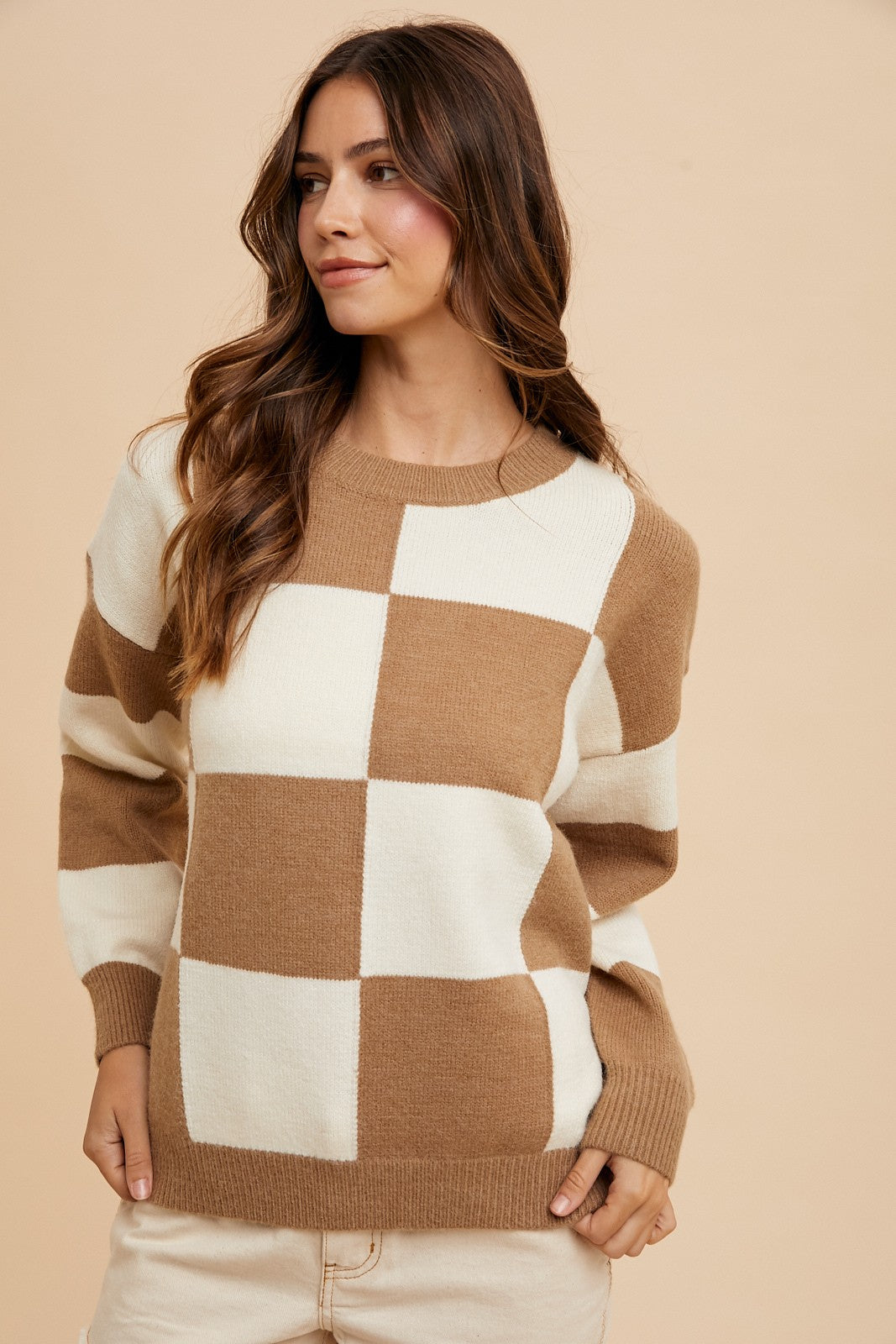 Hazel Blues® |  Annie Wear Checkered Round Neck Dropped Shoulder Sweater