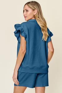 Hazel Blues® |  Double Take Texture Flounce Sleeve Top and Drawstring Shorts Set