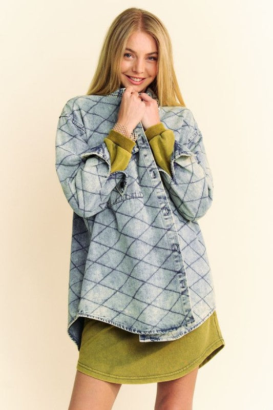 Hazel Blues® |  Davi & Dani Curved Hem Diamond Quilted Button Up Denim Shacket