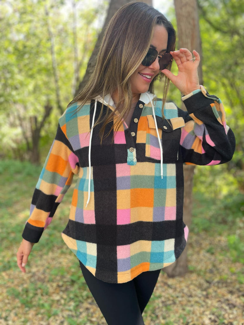 Hazel Blues® |  PREORDER: Rainbow Plaid Button Hoodie