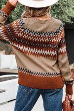 Hazel Blues® |  Khaki Aztec Print Colorblock Crew Neck Sweater