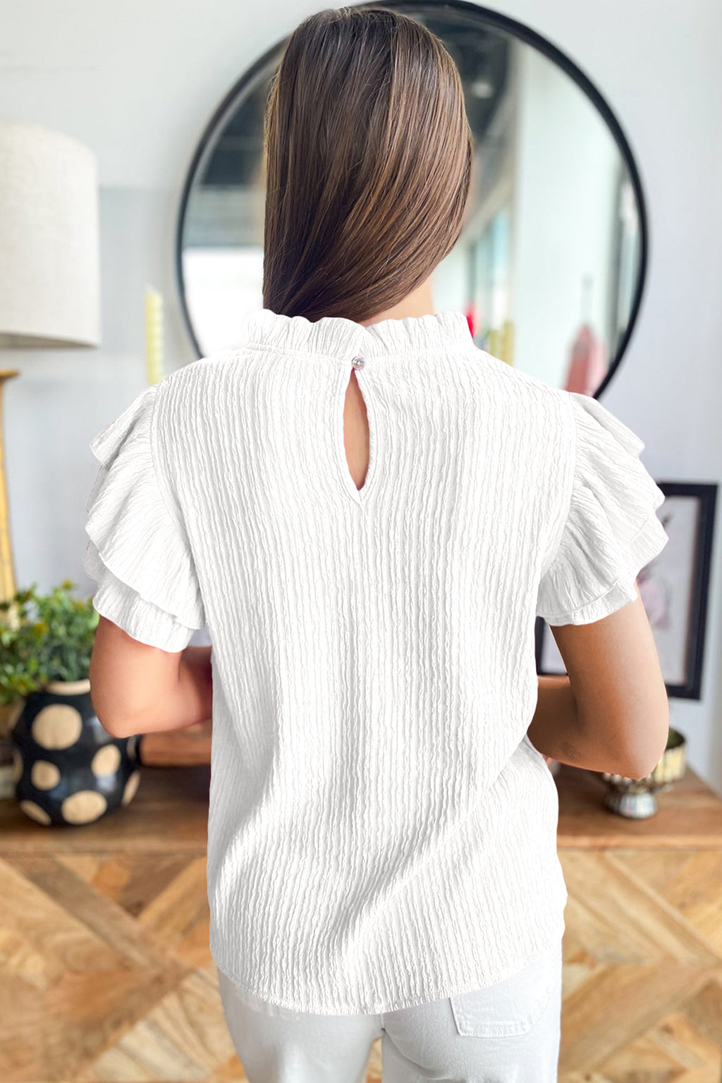White Solid Color Textured Ruffle Trim Short Sleeve Blouse