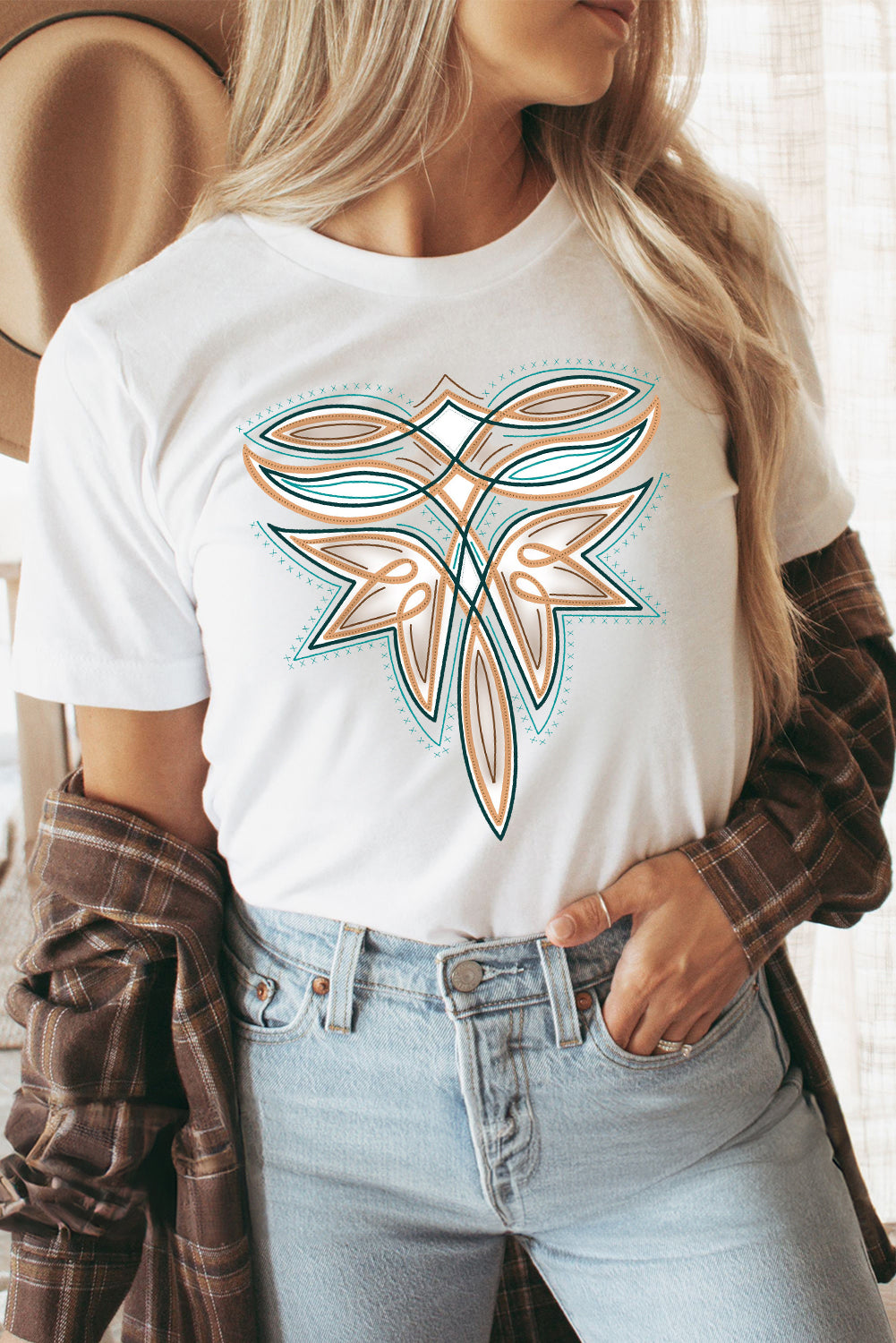 Hazel Blues® |  White Western Stitch Pattern Printed Cotton Blend Tee