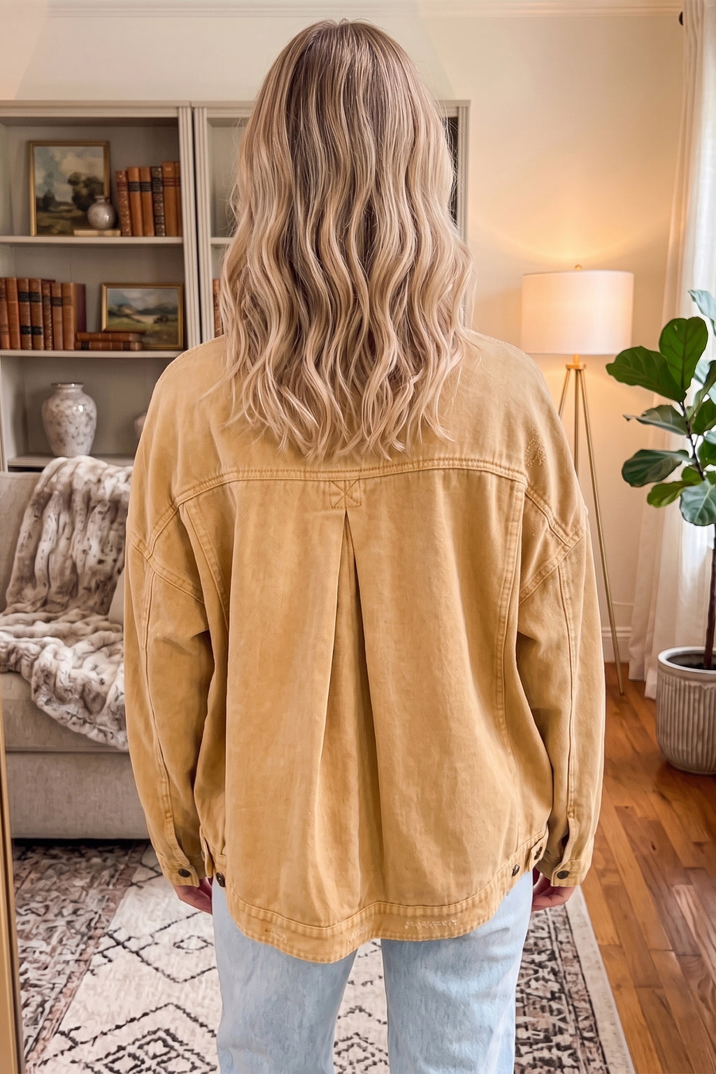 honey gold Metal Button-Front Long-Sleeve Collar Denim Jacket