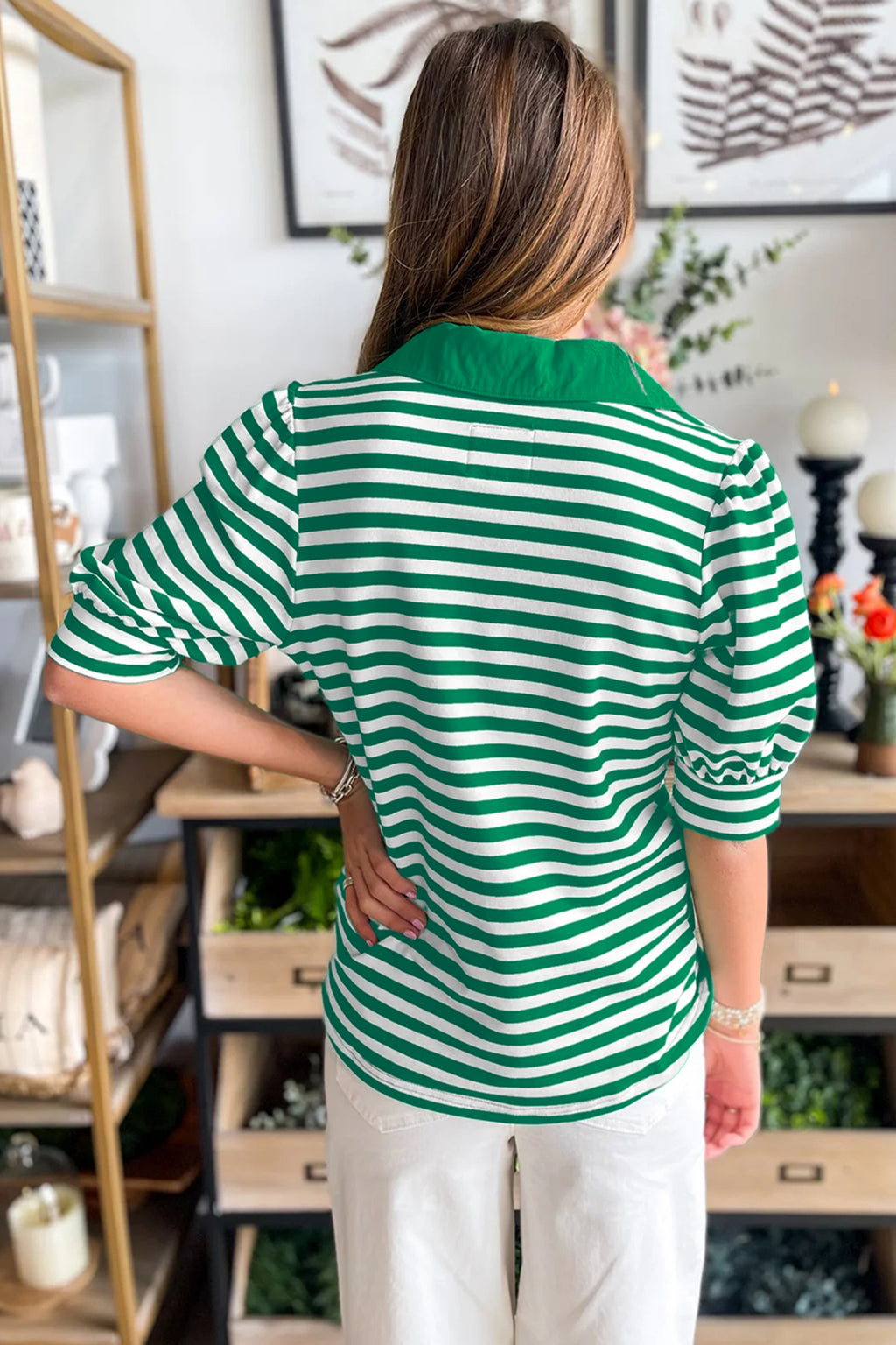 Green Stripe Collared V-Neck Short Puff-Sleeve Top
