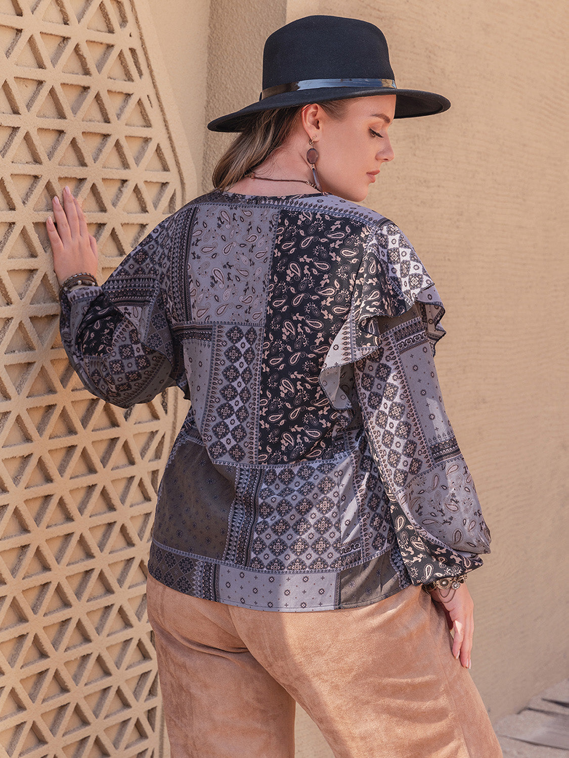 Hazel Blues® | Ruffled Printed Notched Long Sleeve Blouse