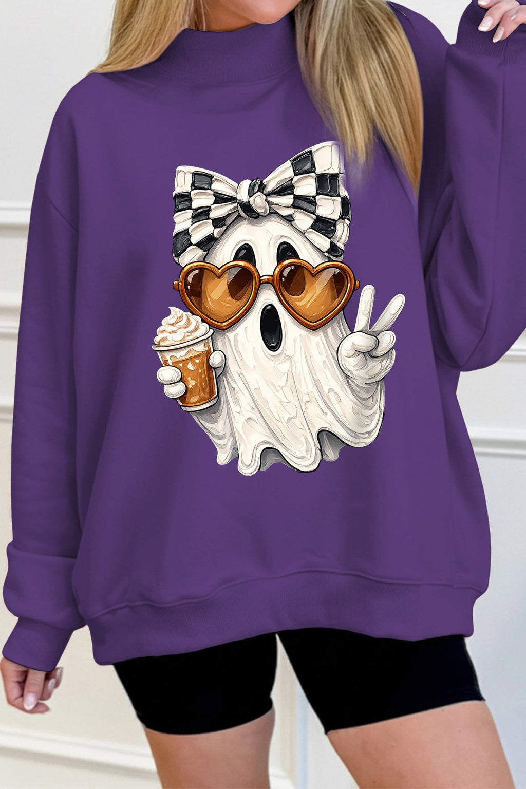 Delilah Sage Tillandsia Purple Cute Ghost Print Pullover Mock Neck Sweatshirt