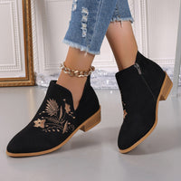 Hazel Blues® |  Embroidered Suede Point Toe Block Heel Boots