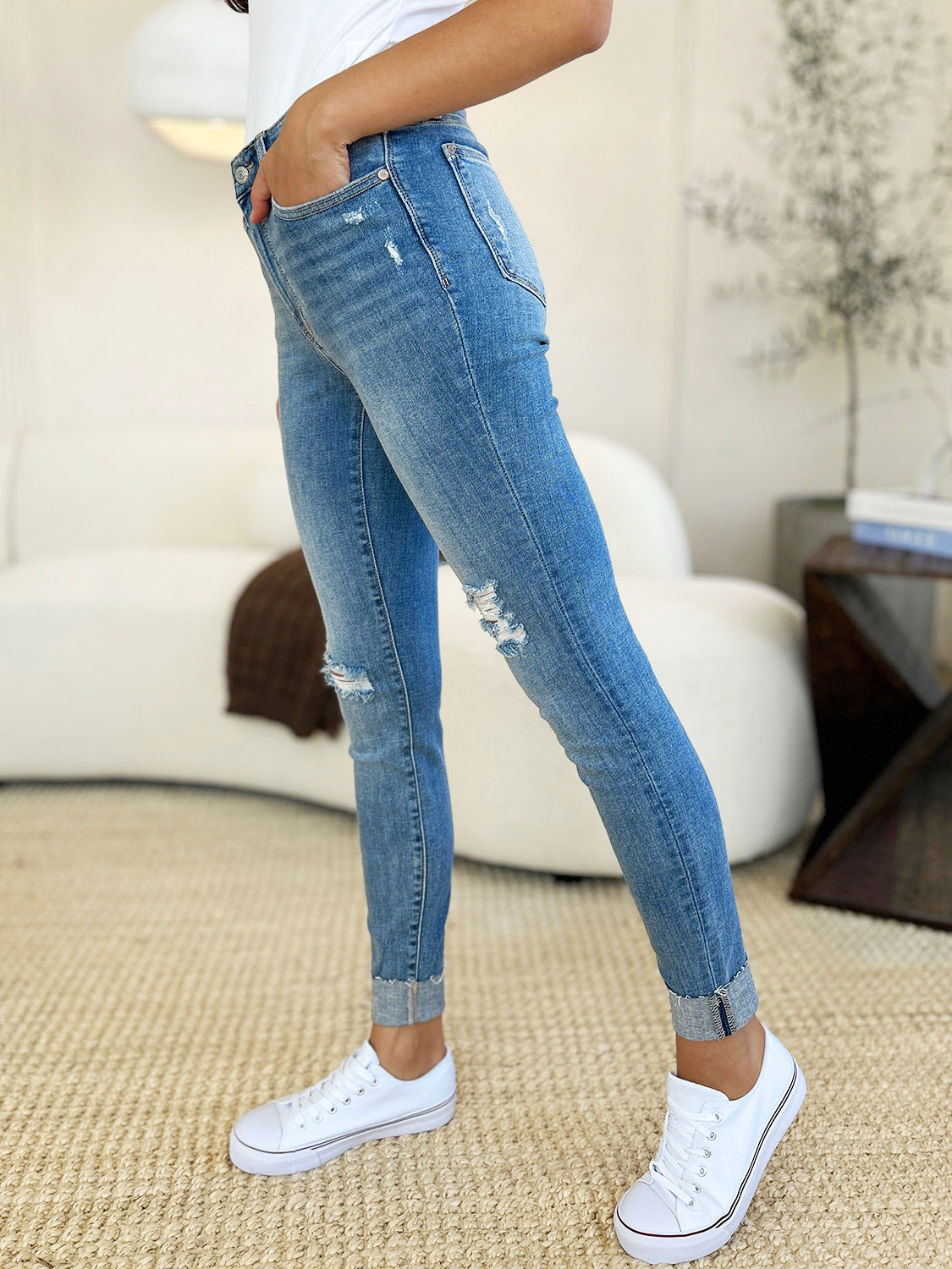 Hazel Blues® |  Judy Blue Mid Rise Destroy & Cuff Skinny Jeans