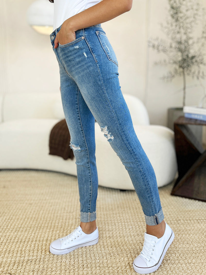 Hazel Blues® |  Judy Blue Mid Rise Destroy & Cuff Skinny Jeans