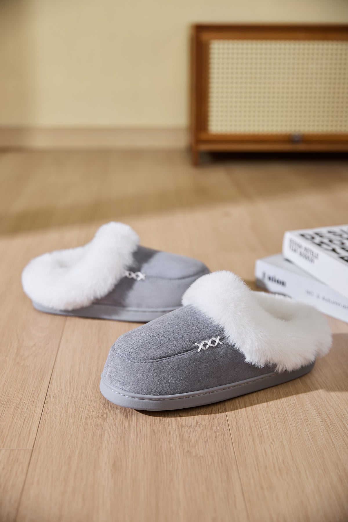 Hazel Blues® |  Fluff Trim Round Toe Flat Slippers