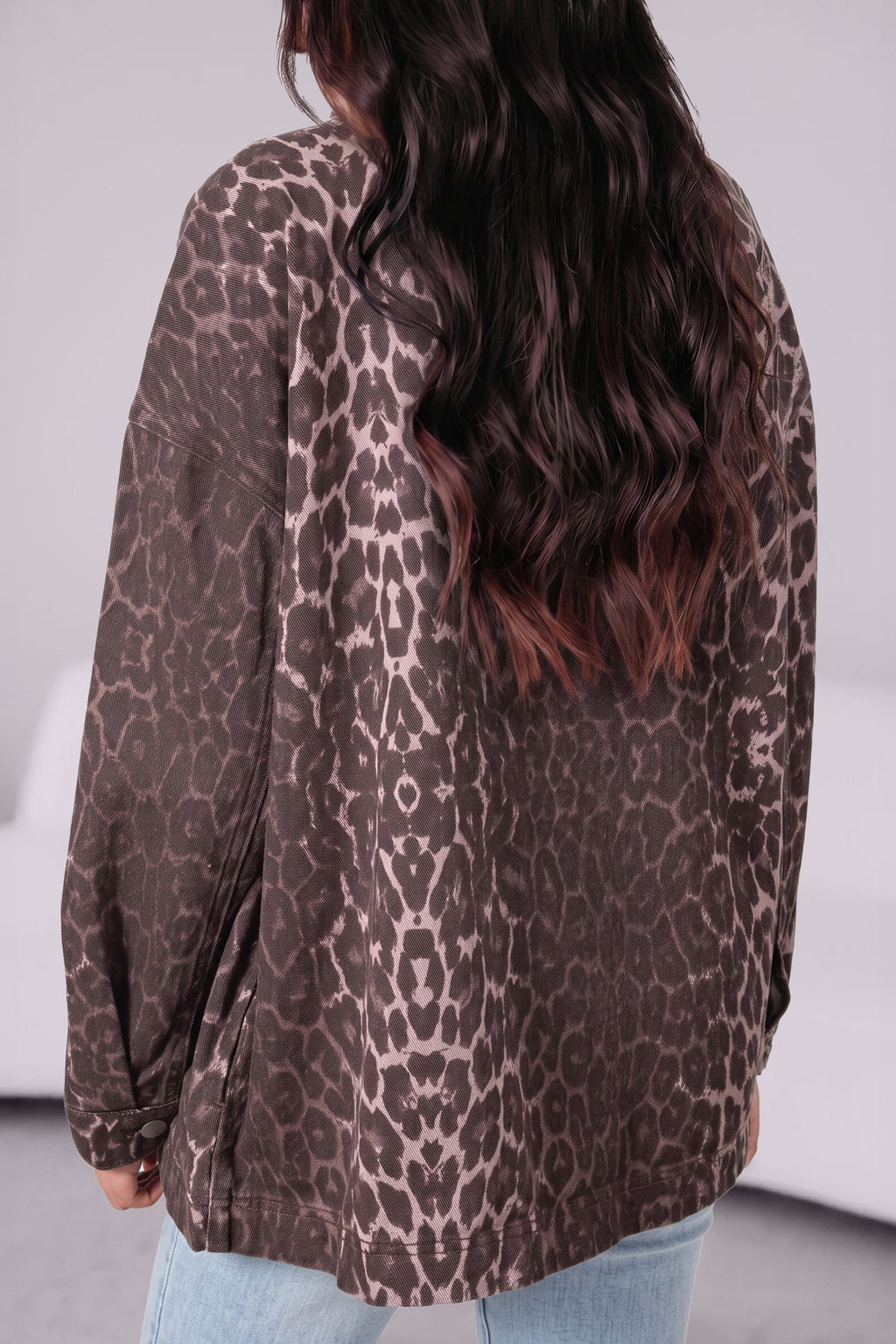 Eloise Skye Khaki Oversized Leopard Print Long-Sleeve Patch Pocket Denim Jacket