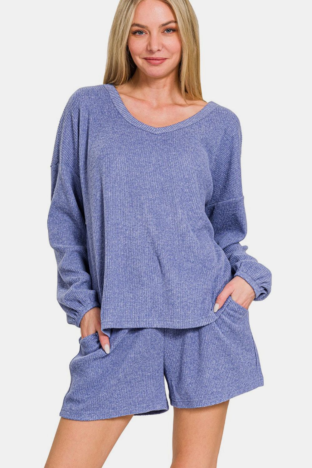 Hazel Blues® |  Zenana V-Neck Long Sleeve Ribbed Top and Shorts Set