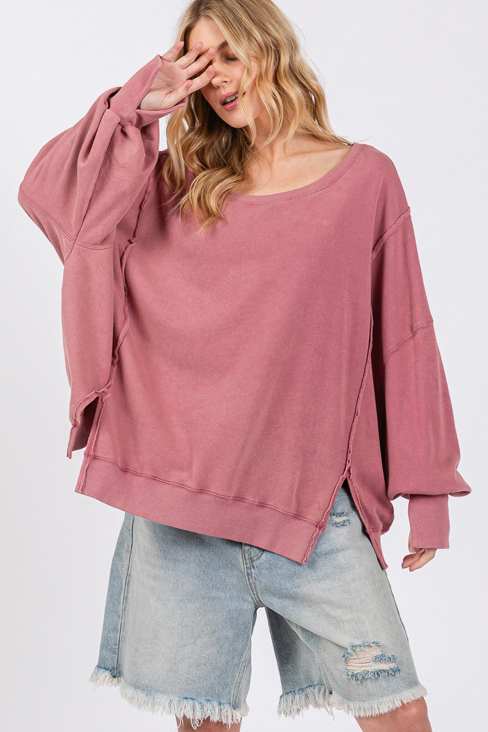 Hazel Blues® |  SAGE + FIG Mineral Wash Side Slit Oversized Sweatshirt