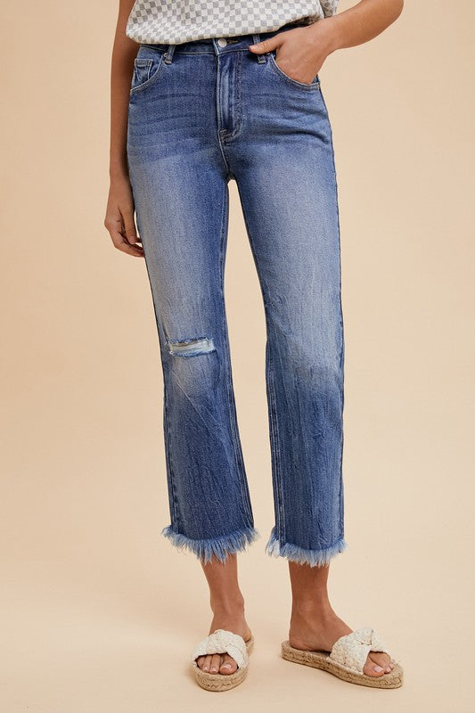 Hazel Blues® |  Annie Wear Distressed Raw Hem Straight Leg Cropped Jeans