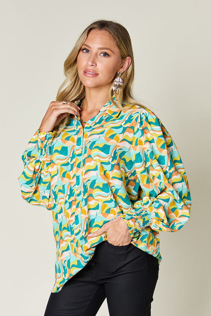 Hazel Blues® |  Double Take Printed Smocked Long Sleeve Blouse