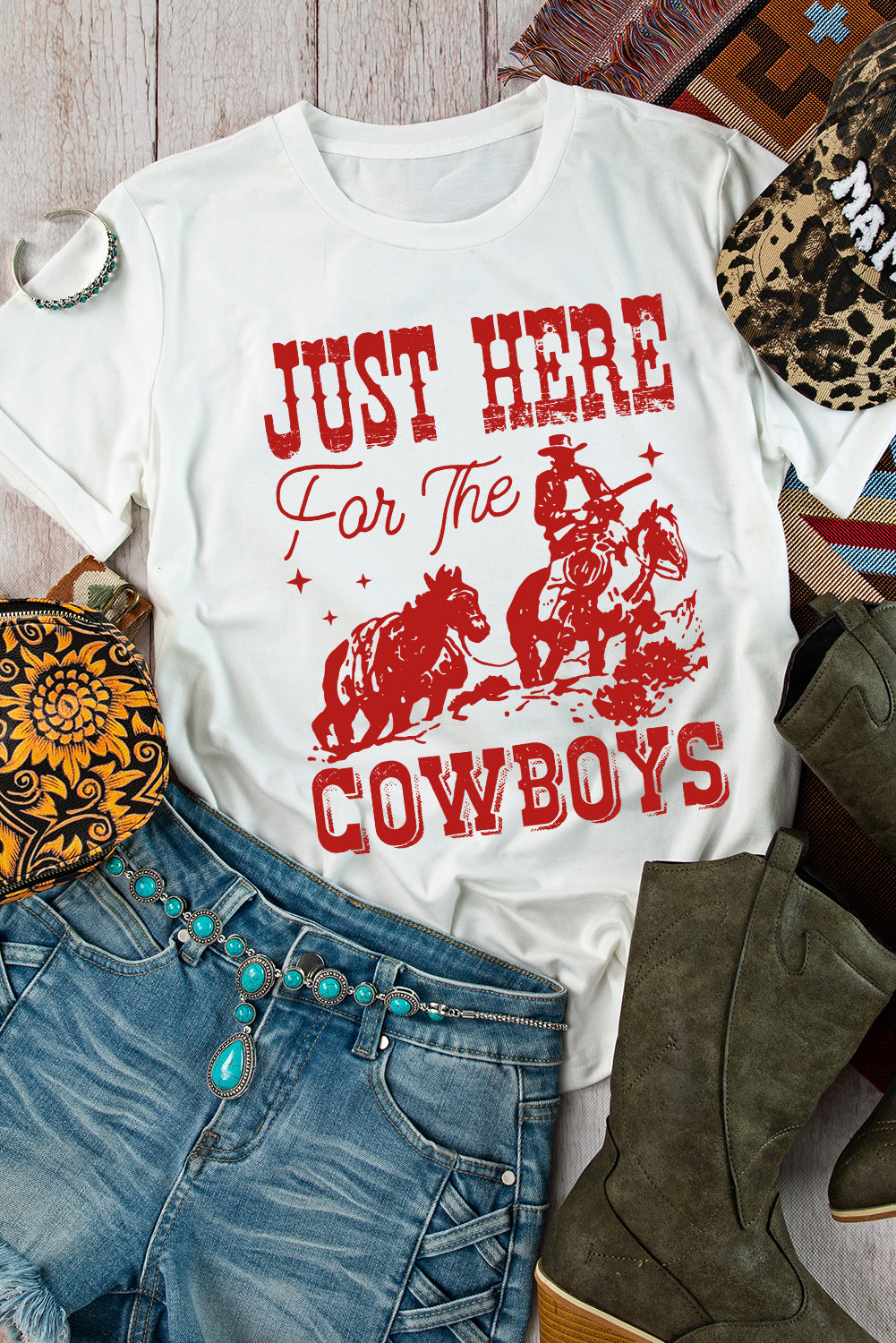 Hazel Blues® |  White JUST HERE For THE COWBOY Cuffed Sleeve Crew Neck T Shirt